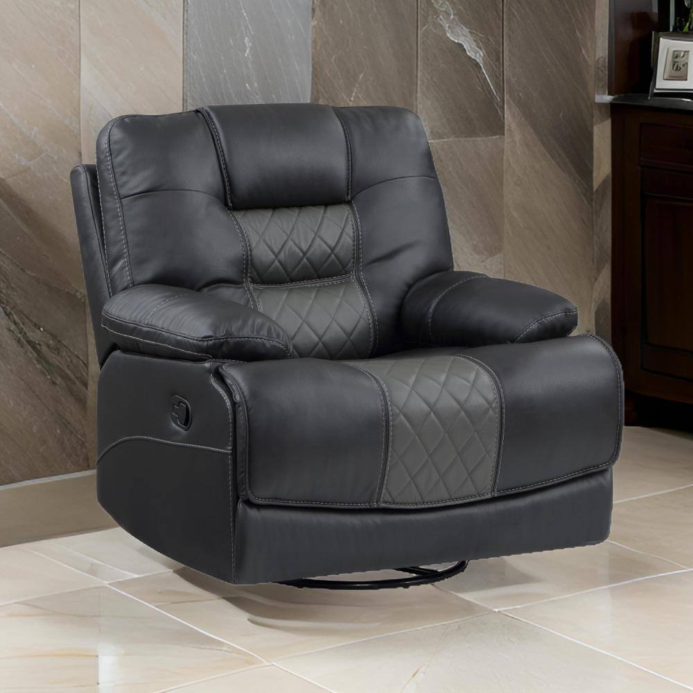 Benjara Gray Faux Leather Manual Swivel Glider Recliner with Wood
