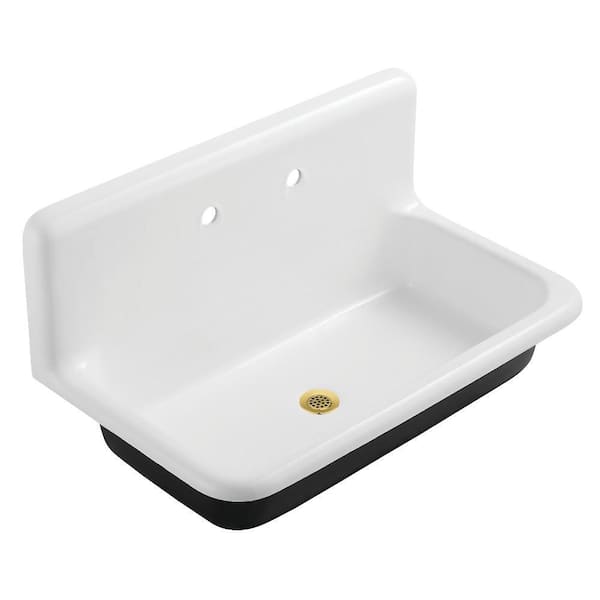 Petra Galley Cast Iron 36 in. Wall Mount Laundry/Utility Sink White with Brushed Brass Drain