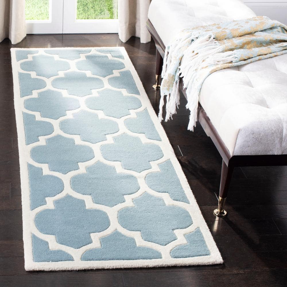 Hand-Tufted Geometric Wool Runner Rug in Blue/Ivory, 27"x8"