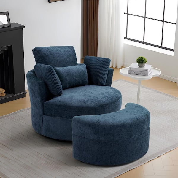 Navy Blue Cotton Upholstered 360° Swivel Accent Barrel Chair with Storage Ottoman and Corduroy Pillows (Set of 1)
