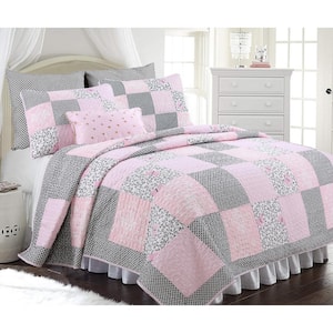 Blushing Pink Tourmaline Butterfly Floral Modern Girl Trellis Ogee 2-Piece Black Pink Cotton Twin Quilt Bedding Set
