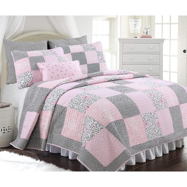 Cozy Line Home Fashions Blushing Pink Tourmaline Butterfly Floral Modern Girl Trellis Ogee 2-Piece Black Pink Cotton Twin Quilt Bedding Set