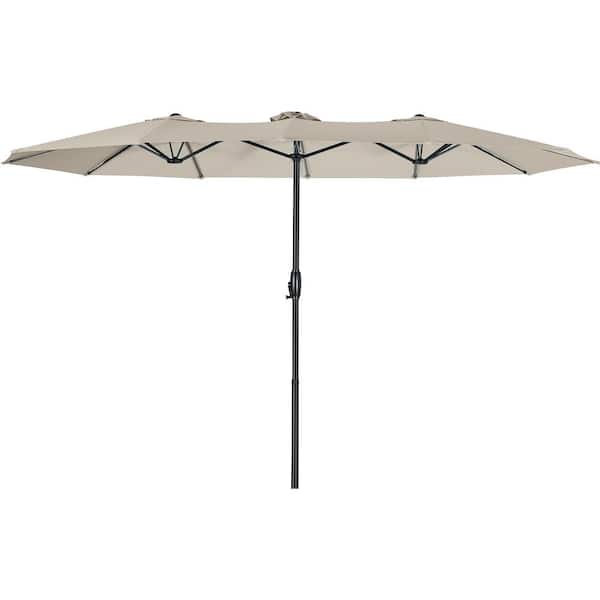 FOREST HOME 15 ft. x 9 ft. Market Double-Sided Patio Umbrella Extra-Large Waterproof Twin Umbrellas with Easy Crank in Tan Canopy
