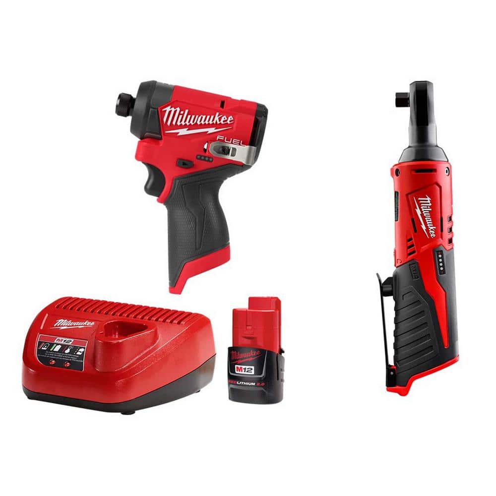 Milwaukee M12 12-Volt Lithium-Ion Cordless FUEL 1/4 in. Impact Driver and 3/8 in. Ratchet Combo Kit w/One 2.0Ah Battery & Charger