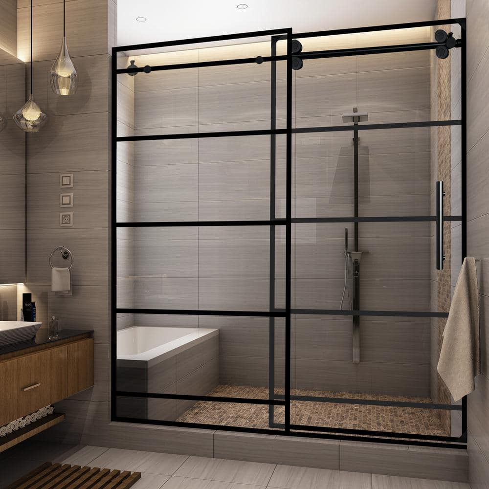 60" Matte Black Framed Sliding Shower Door with Stainless Steel Handle