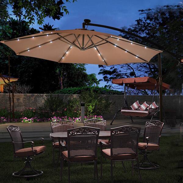 10' Hanging Solar LED Umbrella Patio Sun Shade Outdoor Market W/Base Tan 