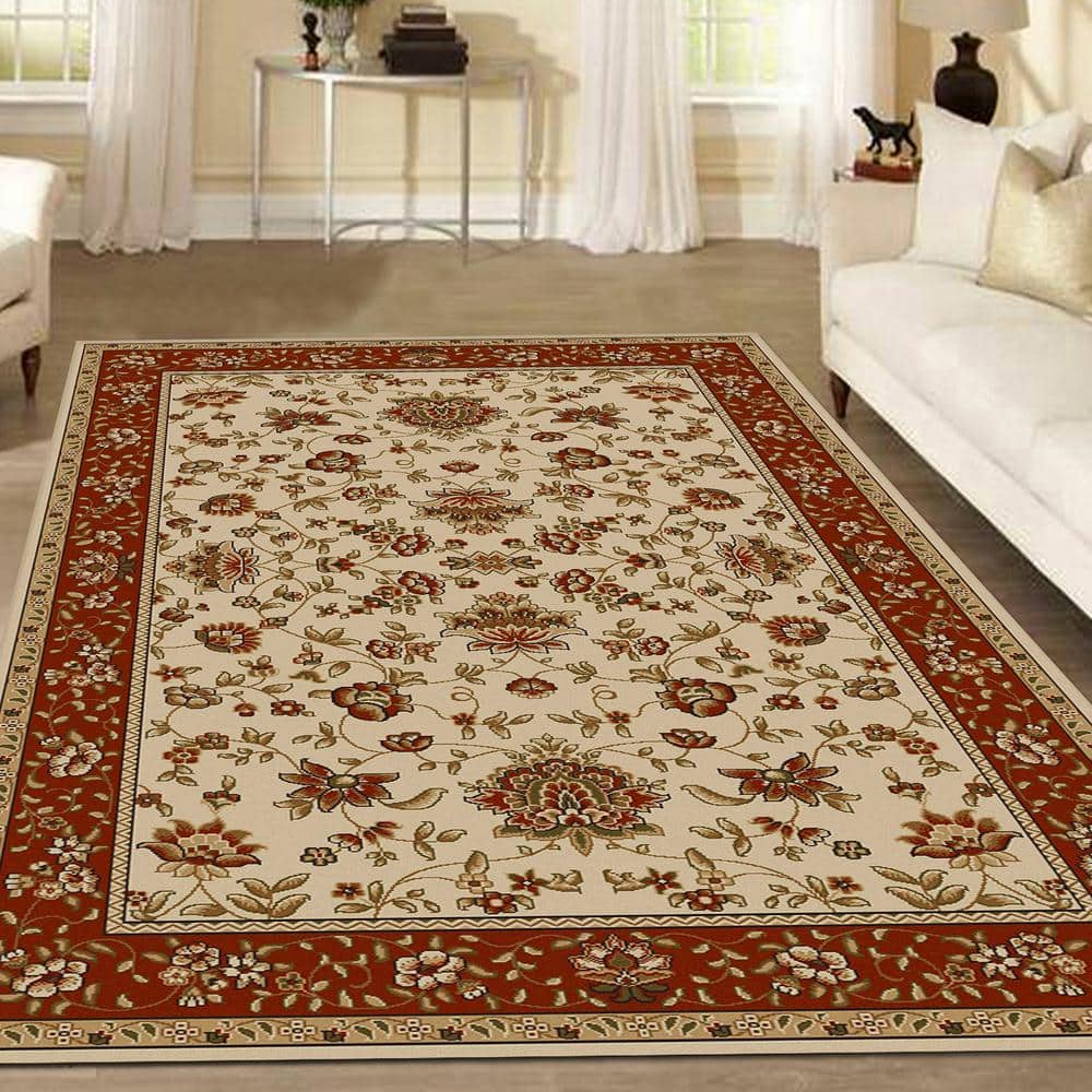 Ivory and Brick Floral Synthetic Rectangular Area Rug 3' x 5'
