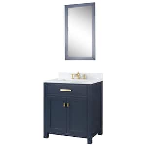 Madison 30 in. Bath Vanity in Blue With Marble Vanity Top in Carrara White With White Basin