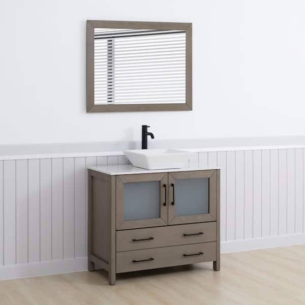 36 in. W Single Basin Driftwood Gray Bath Vanity with White Engineered Marble Top and Mirror