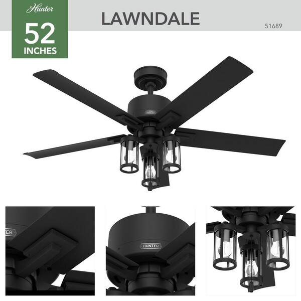 Hunter - Lawndale 52 in. Indoor/Outdoor Matte Black Ceiling Fan with Light Kit Included