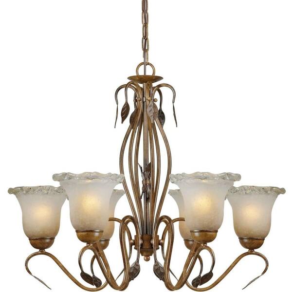 Forte Lighting 6-Light Rustic Sienna Bronze Chandelier with Umber Ice Glass Shade