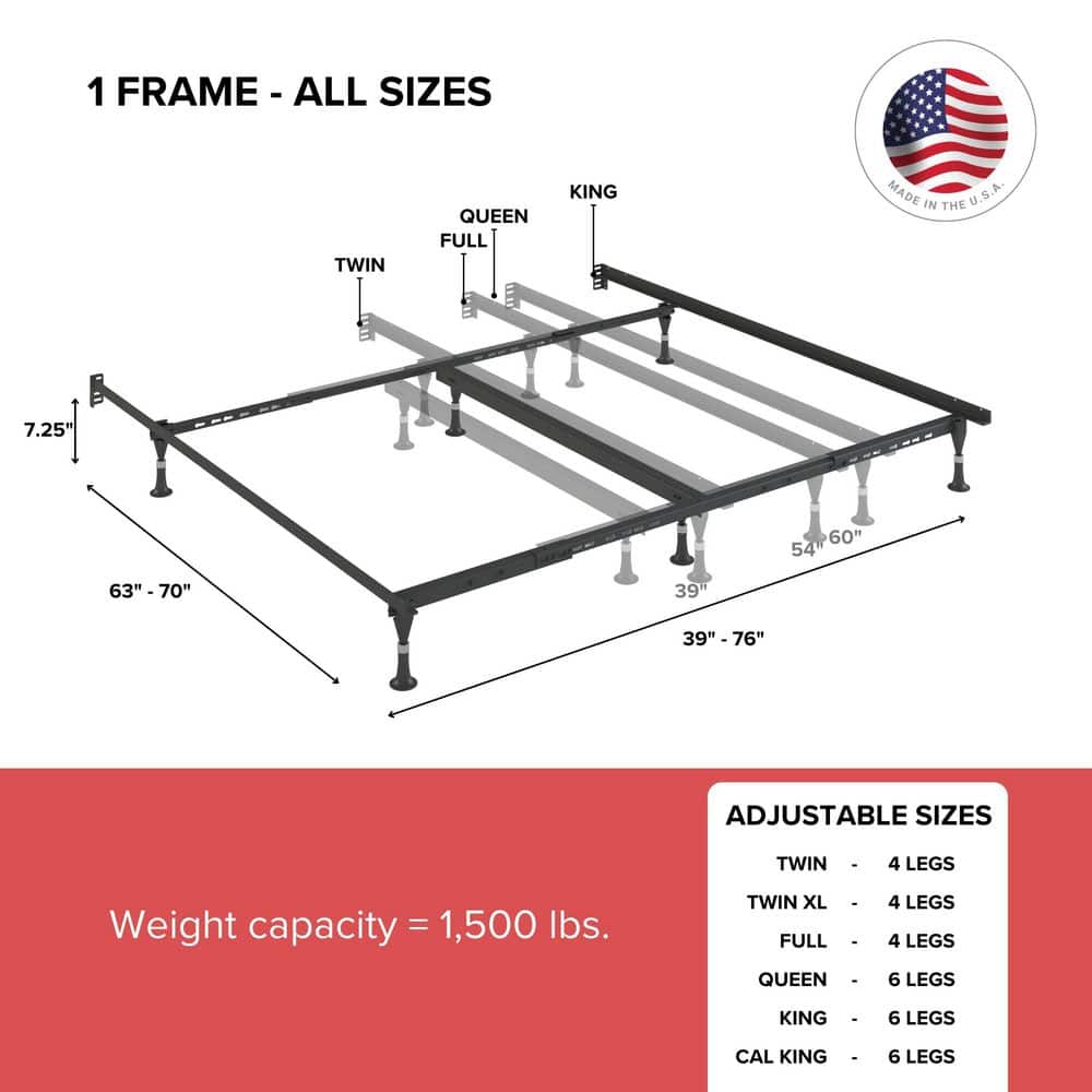 Adjustable Black Metal Twin/Full Bed Frame with Glides