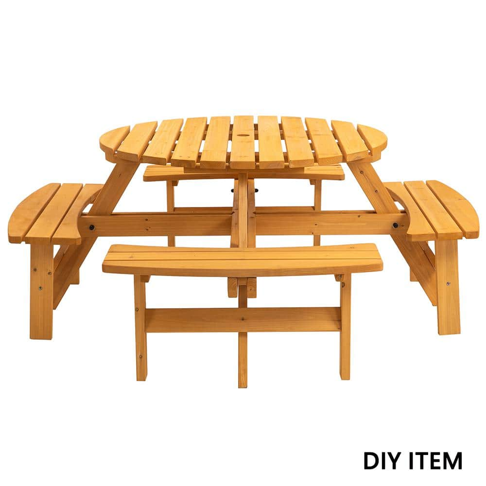 Btmway Natural 8 Person Diy Round Fir Wood Outdoor Picnic Table With Benches And Umbrella Hole 