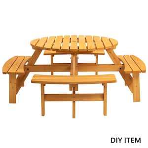 Natural 8-Person DIY Round Fir Wood Outdoor Picnic Table with Benches & Umbrella Hole, High Capacity
