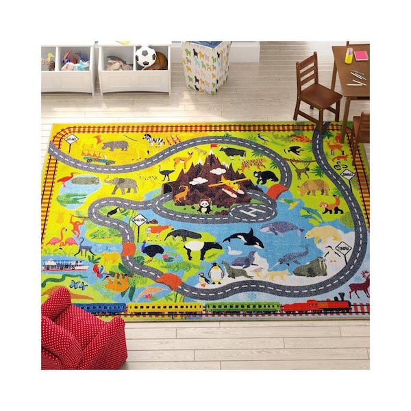 KC CUBS Multi-Color Kids Children Bedroom Animal Safari Road Map
