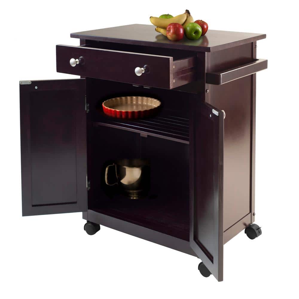 Transitional Espresso Wood Kitchen Cart with Storage and Towel Bar