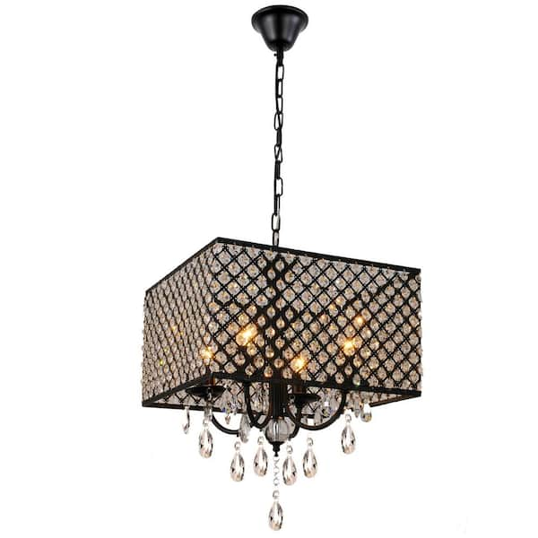 LamQee 15.7 in. 4-Light Black Square Metal Crystal Chandelier