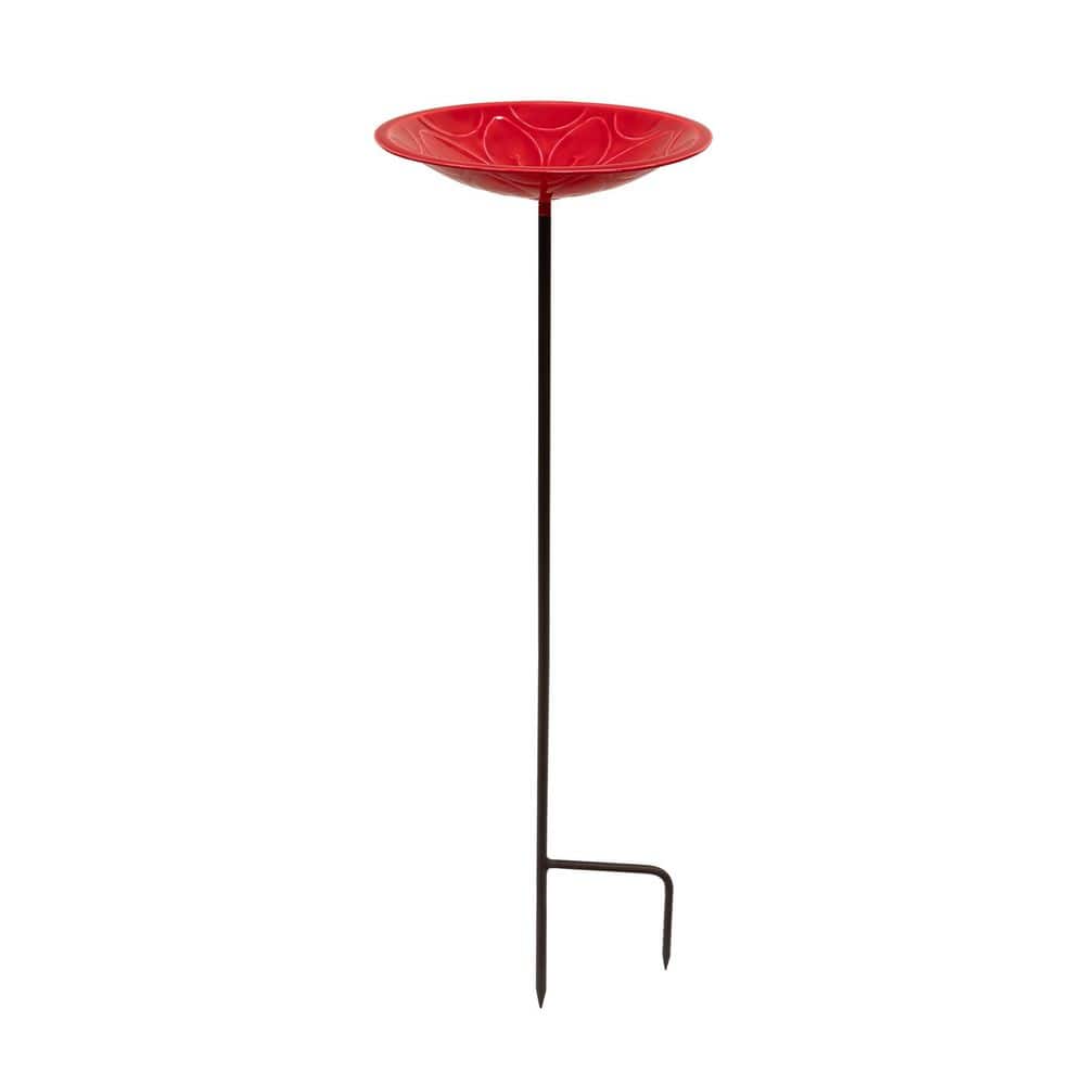 ACHLA DESIGNS 12 in. Petunia Lolly Birdbath with Stake, Solid Brass, Outdoor, Petunia Pink, Glass Enamel Finish