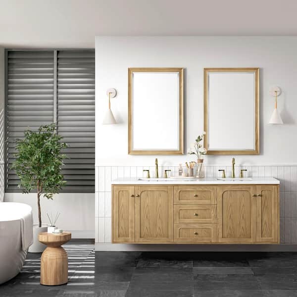 James Martin Vanities Laurent 72.0 in. W x 23.5 in. D x 34.2 in. H Bathroom Vanity in Light Oak with White Zeus Quartz Top