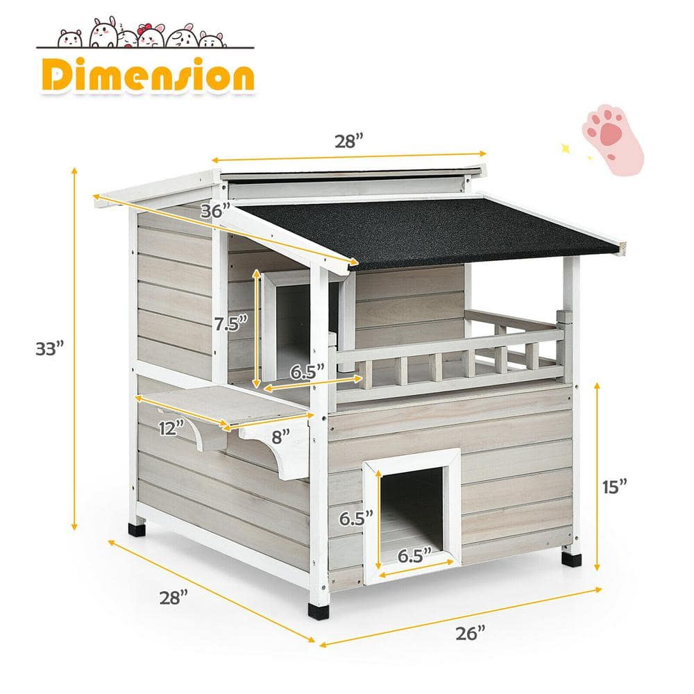 Gray and White 2-Story Wooden Outdoor Cat House with Balcony