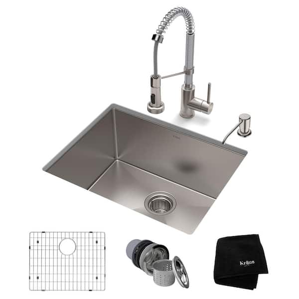 KRAUS Standart PRO 23 in. Undermount Single Bowl 16 Gauge Stainless Steel Kitchen Sink with Faucet in Stainless Steel Chrome