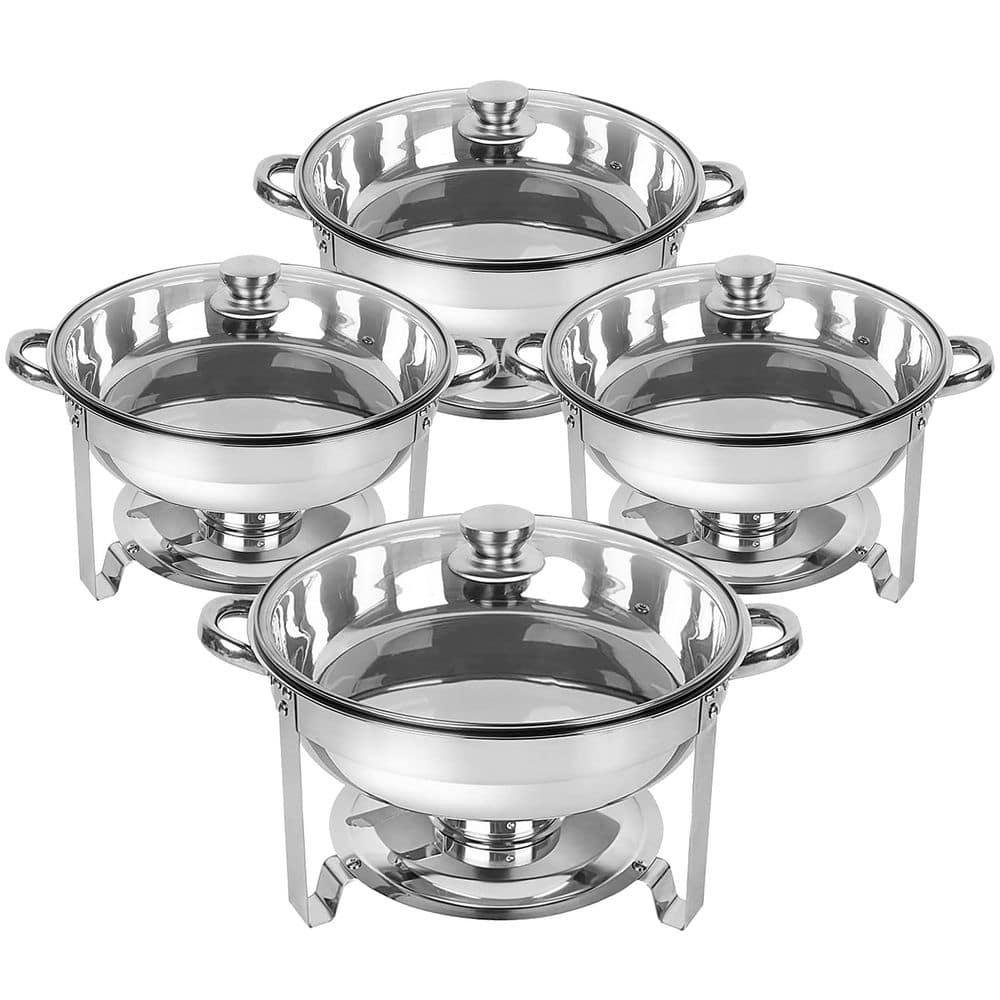 Chafing Dish Buffet Set 4 Pack 5 qt. Silver Stainless Steel Catering Warmer with Glass Lid Stackable Easy Clean