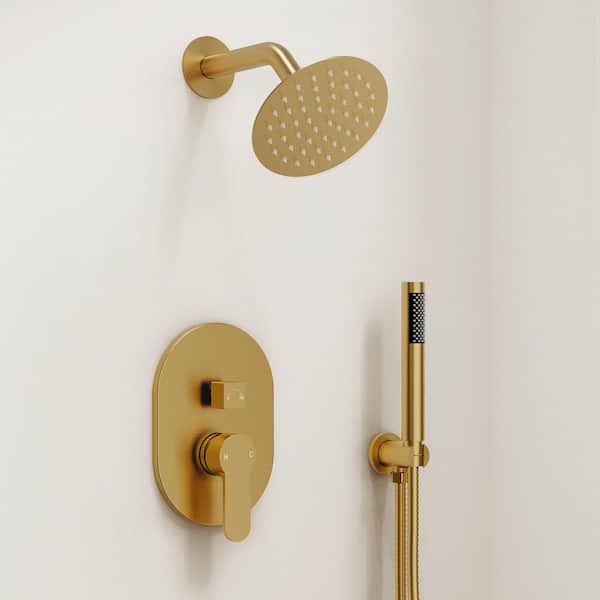 Round Shower System 2-Spray 6 in. Wall Mount Dual Fixed and Handheld Shower Head 1.8 GPM in Brushed Gold (Valve Include)