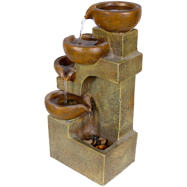 Alpine Corporation 16 in. Tall Indoor/Outdoor Tabletop 4-Tier Pouring Pots Fountain, Brown