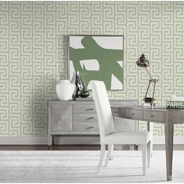 60.75 sq. ft. Coastal Haven Green Ivy Luna Retreat Greek Key Embossed Vinyl Unpasted Wallpaper Roll