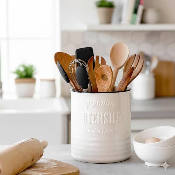 White Ceramic Kitchen Utensil Holder Extra Large Countertop Organizer with Cork Mat Farmhouse Decor Gift