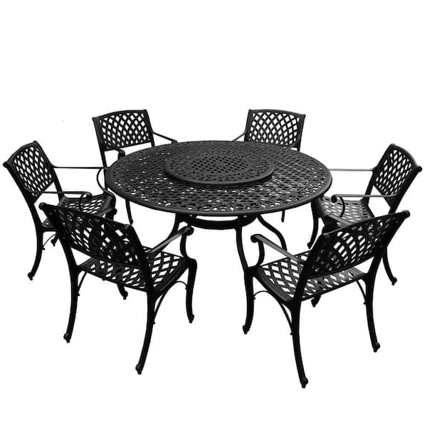 Black 7-Piece Aluminum Round Mesh Outdoor Dining Set with 6-Chairs