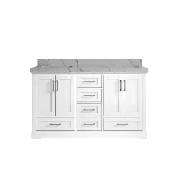 Willow Collections Boston 60 in. W x 22 in. D x 36 in. H Double Sink Bath Vanity in White with 2 in. Venatino Qt. Top