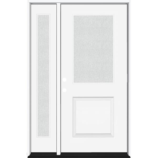 Steves & Sons Legacy 51 in. W x 80 in. 1/2 Lite Rain Glass RHIS Primed White Finish Fiberglass Prehung Front Door with 12 in. SL