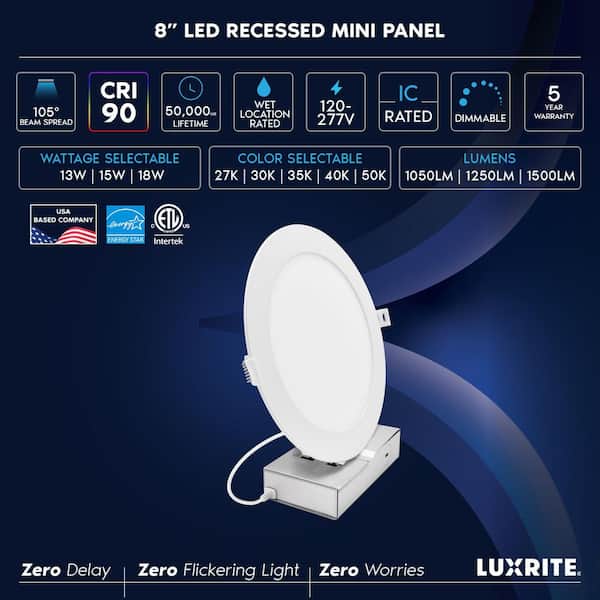 8 in. Integrated LED Recessed Light with JBox, 5CCT, 13W-18W, up to 1500LM, CRI90, Dimmable, 120-277V, IC Rated, ETL
