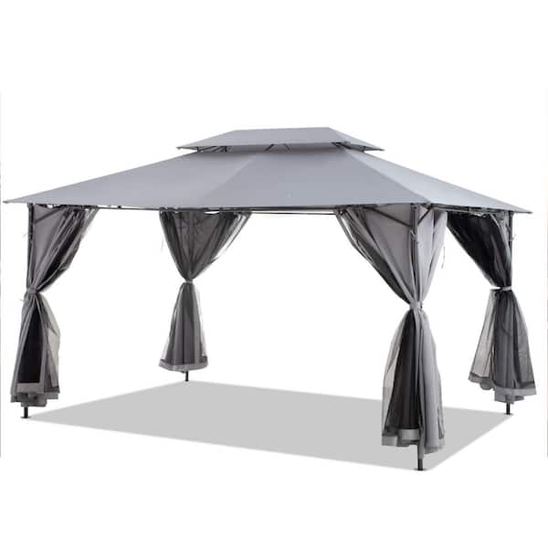 ANGELES HOME 10 ft. x 13 ft. Outdoor Gazebo Canopy Shelter with Double Roof Tops, Curtain Screens, Gray