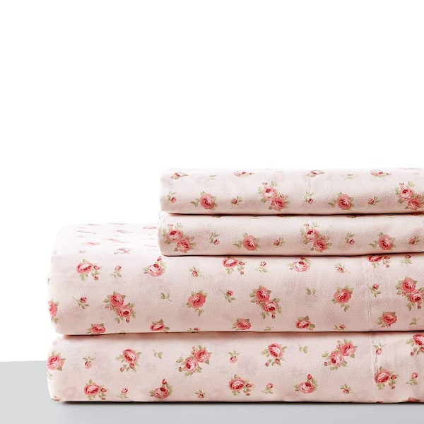 THE URBAN PORT Melun Pink 3-Piece Twin Size Sheet Set with Rose Sketch ...