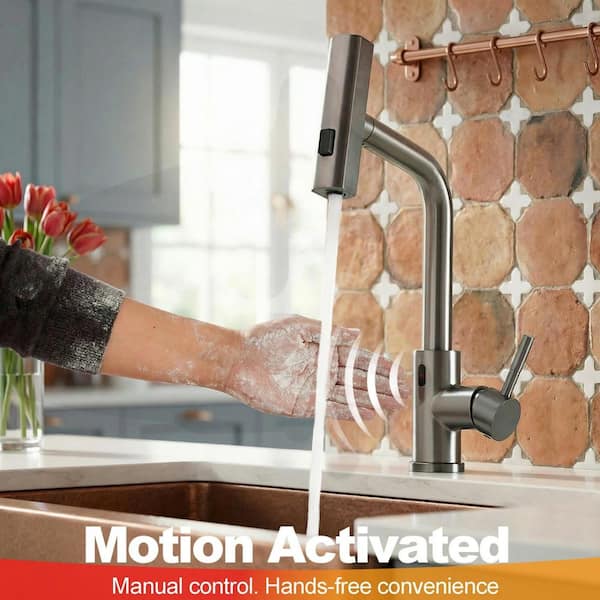 15.75 in. Gun Ash Single-Handle Touchless Kitchen Faucet with Pull Down Sprayer and 360˚ Swivel Spout