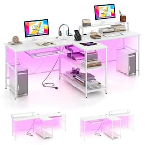 94.5 in. Rectangular White 2-Person Reversible Office Computer Desk with LED Lights