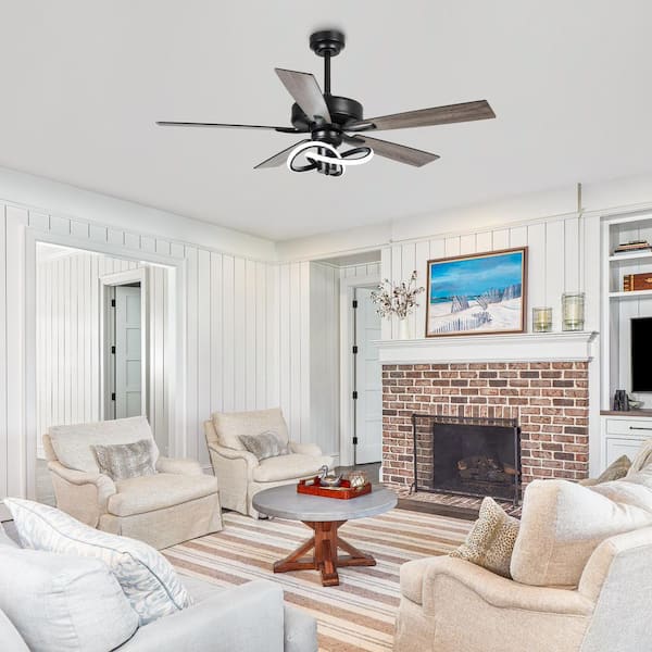 52 in. Indoor Integrated LED Matte Black Ceiling Fan with Light and Remote Control