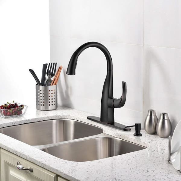 Single Handle Pull Down Sprayer Kitchen Faucet with Soap Dispenser in Oil Rubbed Bronze