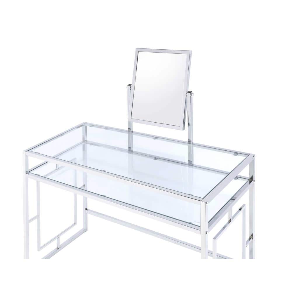 Carenze Chrome & White Faux Fur Vanity Set with Tilt Mirror