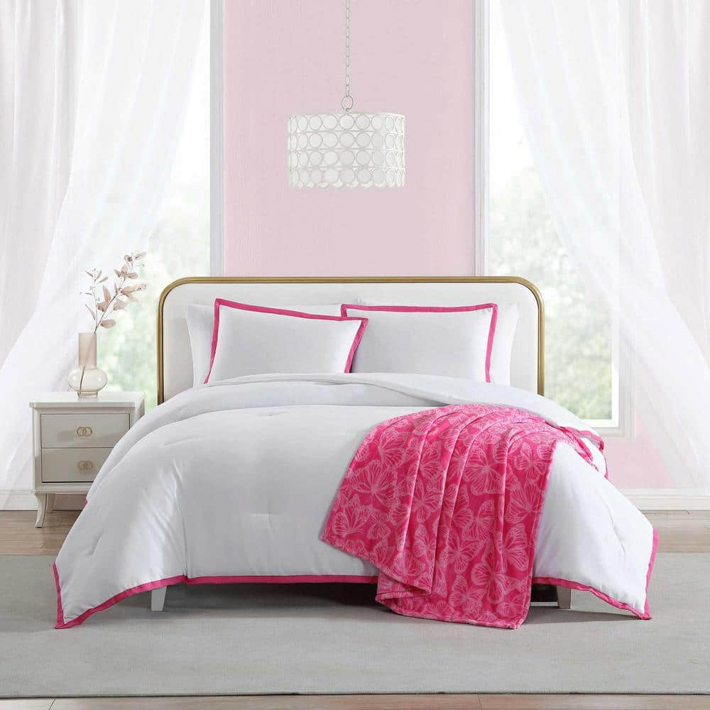 BETSEY JOHNSON Signature Hotel Solid White/Hot Pink 3-Piece Microfiber Twin Reversible Comforter Sham Bonus Set