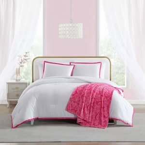 Signature Hotel Solid White/Hot Pink 4-Piece Microfiber Full/Queen Reversible Comforter Sham Bonus Set