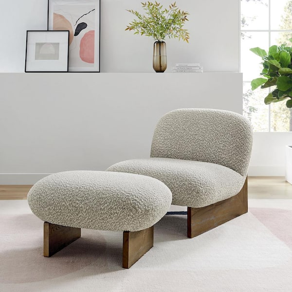 Modway Loyal Boucle Fabric Accent Barrel Chair with Ottoman in River Rock Walnut