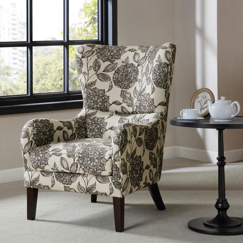 Gray and Brown Birch Wood Floral Accent Chair