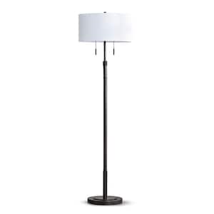 Grande 68 in. Dark Bronze 2-Lights Adjustable Height Standard Floor Lamp with Drum White Shade