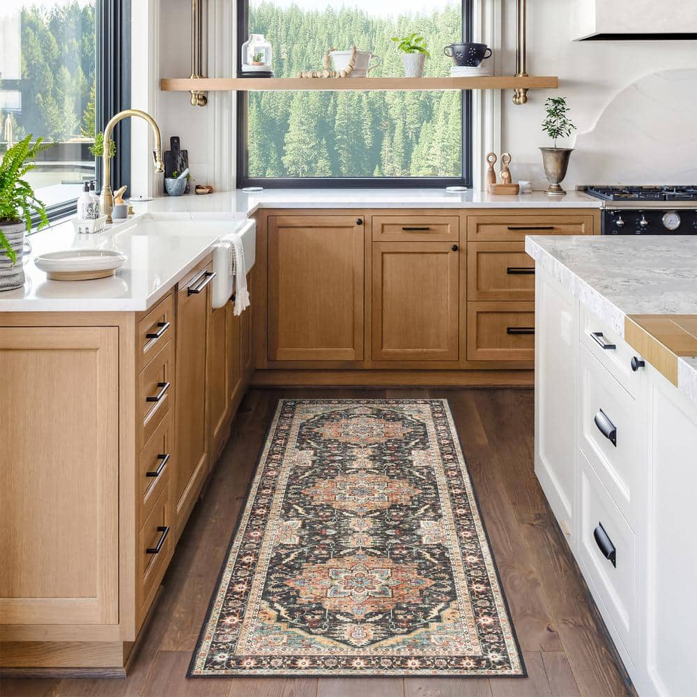 Soha Black and Beige Synthetic Oriental Runner Rug