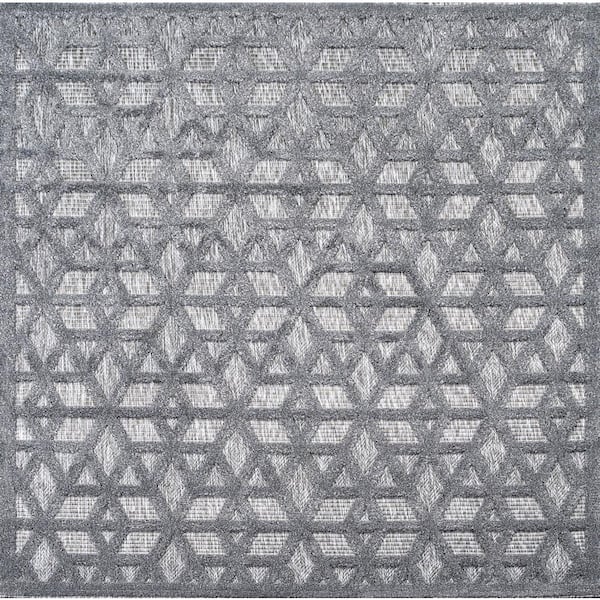 Talaia Neutral Geometric Dark Gray 5 ft. Square Indoor/Outdoor Area Rug