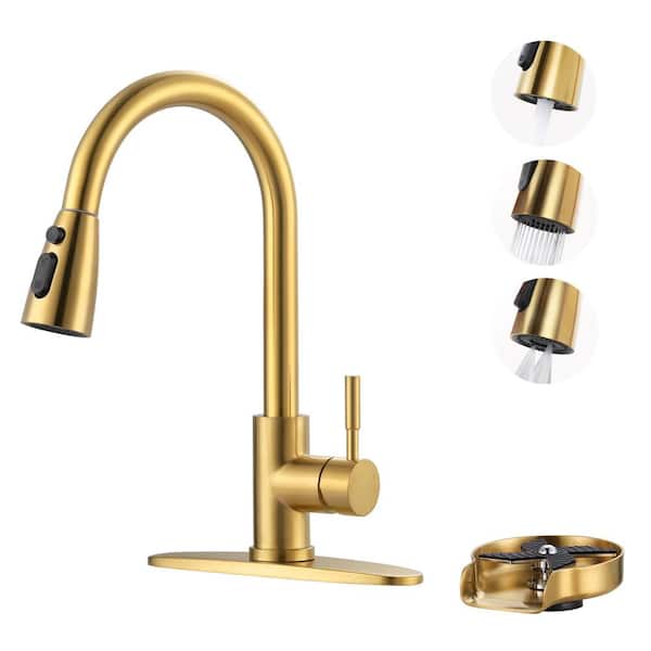 WOWOW Single Handle Pull Down Sprayer Kitchen Faucet with Glass Rinser, Kitchen Sink Faucet and Cup Rinser in Gold