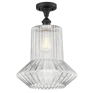 Springwater 12 in. 1-Light Matte Black Semi-Flush Mount with Clear Spiral Fluted Glass Shade
